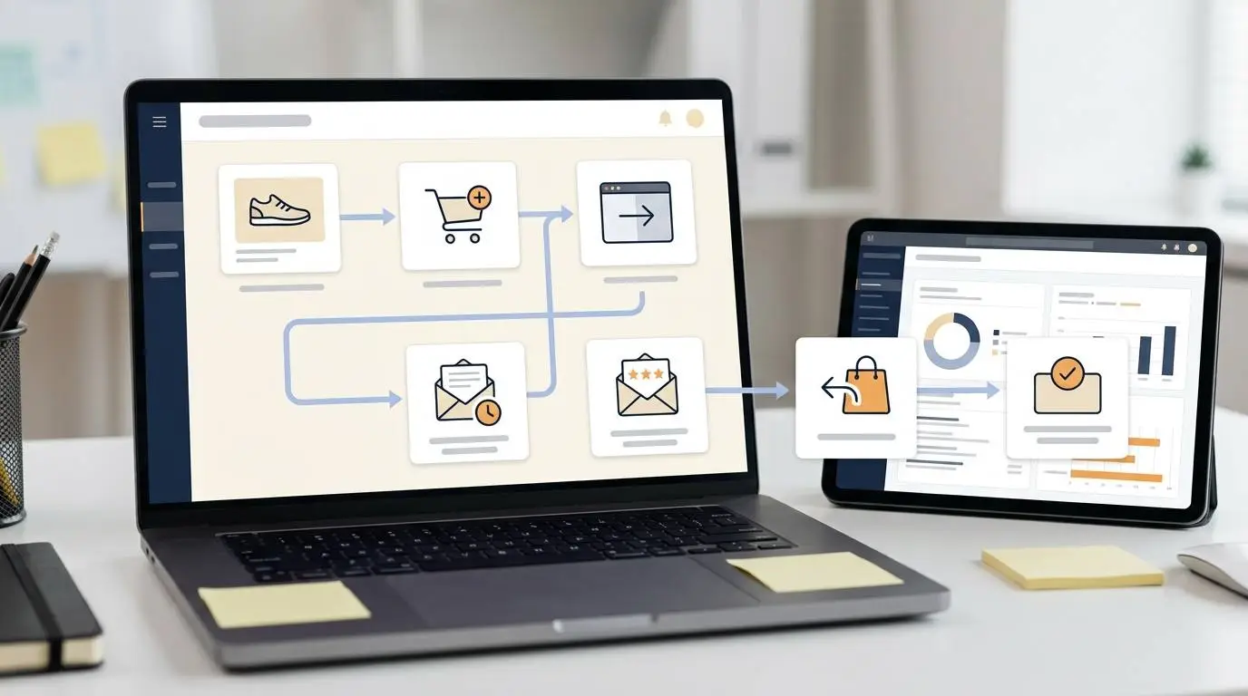 An abandoned cart automation flow showing reminders, reviews, shipping details and a return-to-cart message.