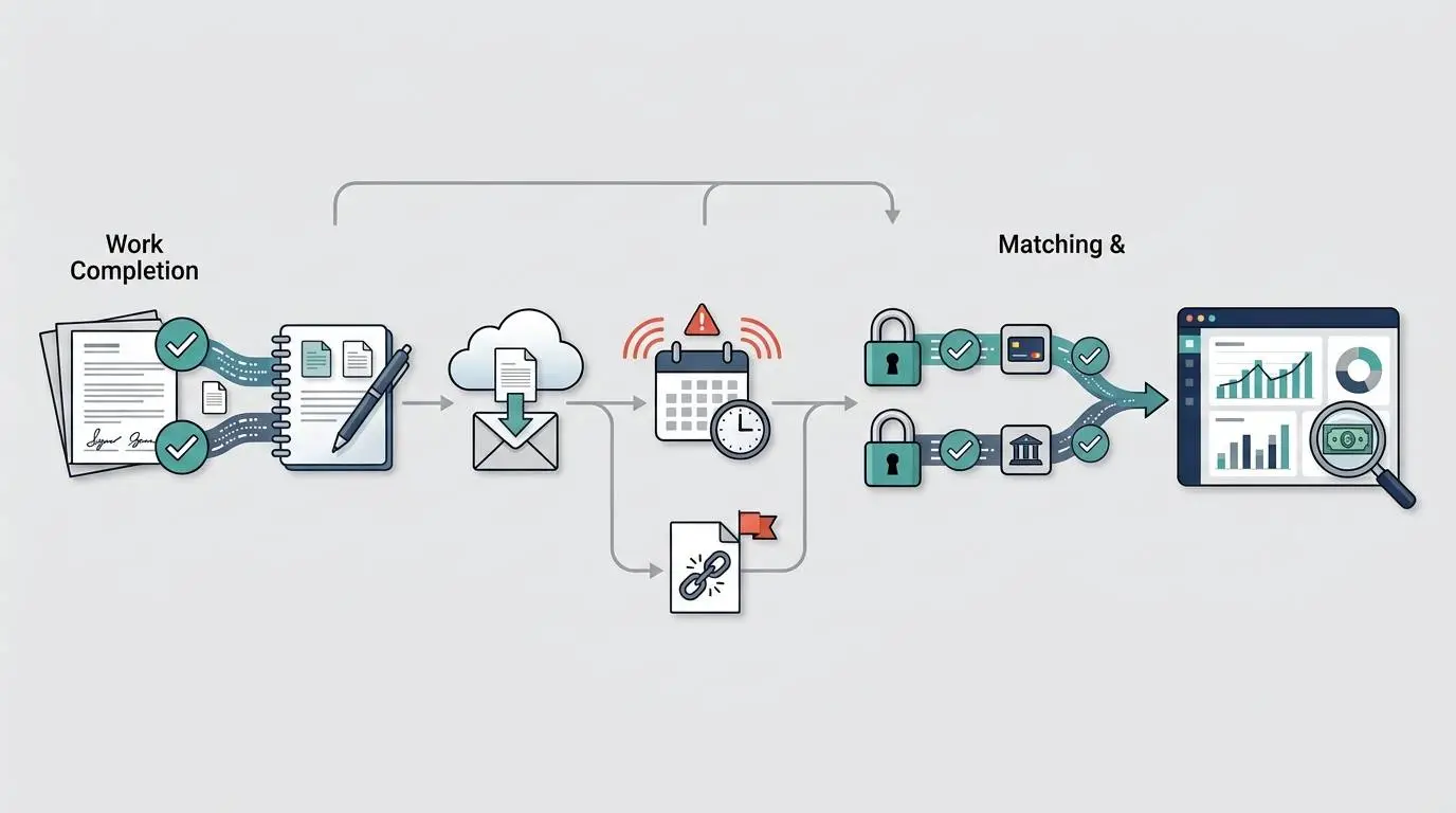 Invoice-to-cash workflow showing approval, invoicing, follow-up, dispute handling, payment, and reconciliation.