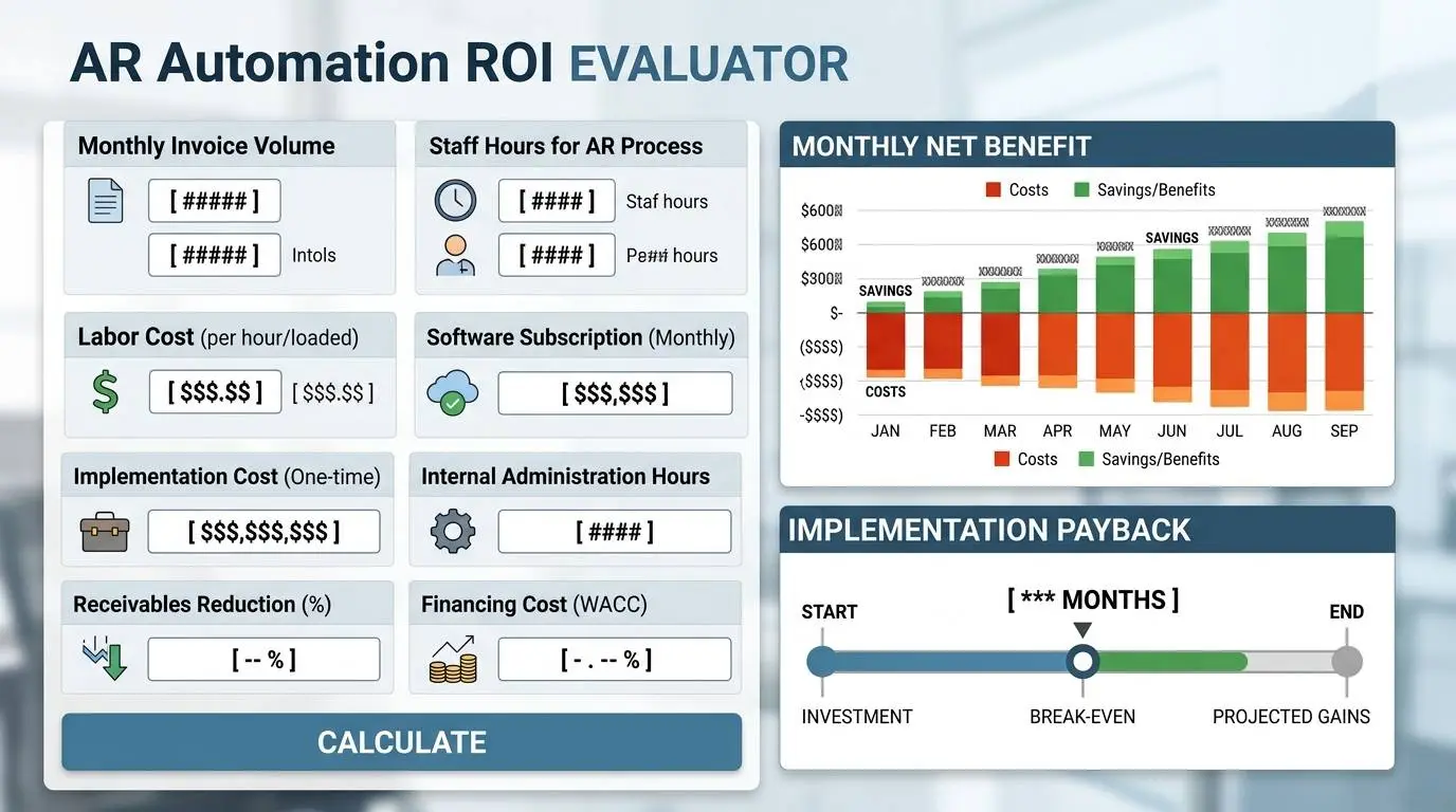 ROI calculator concept comparing AR automation labor savings, financing benefits, software cost, and payback.
