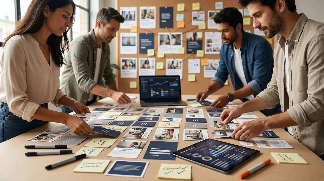 A marketing team organizing AI-generated Facebook ad creative variations by hook, offer and buyer motivation.