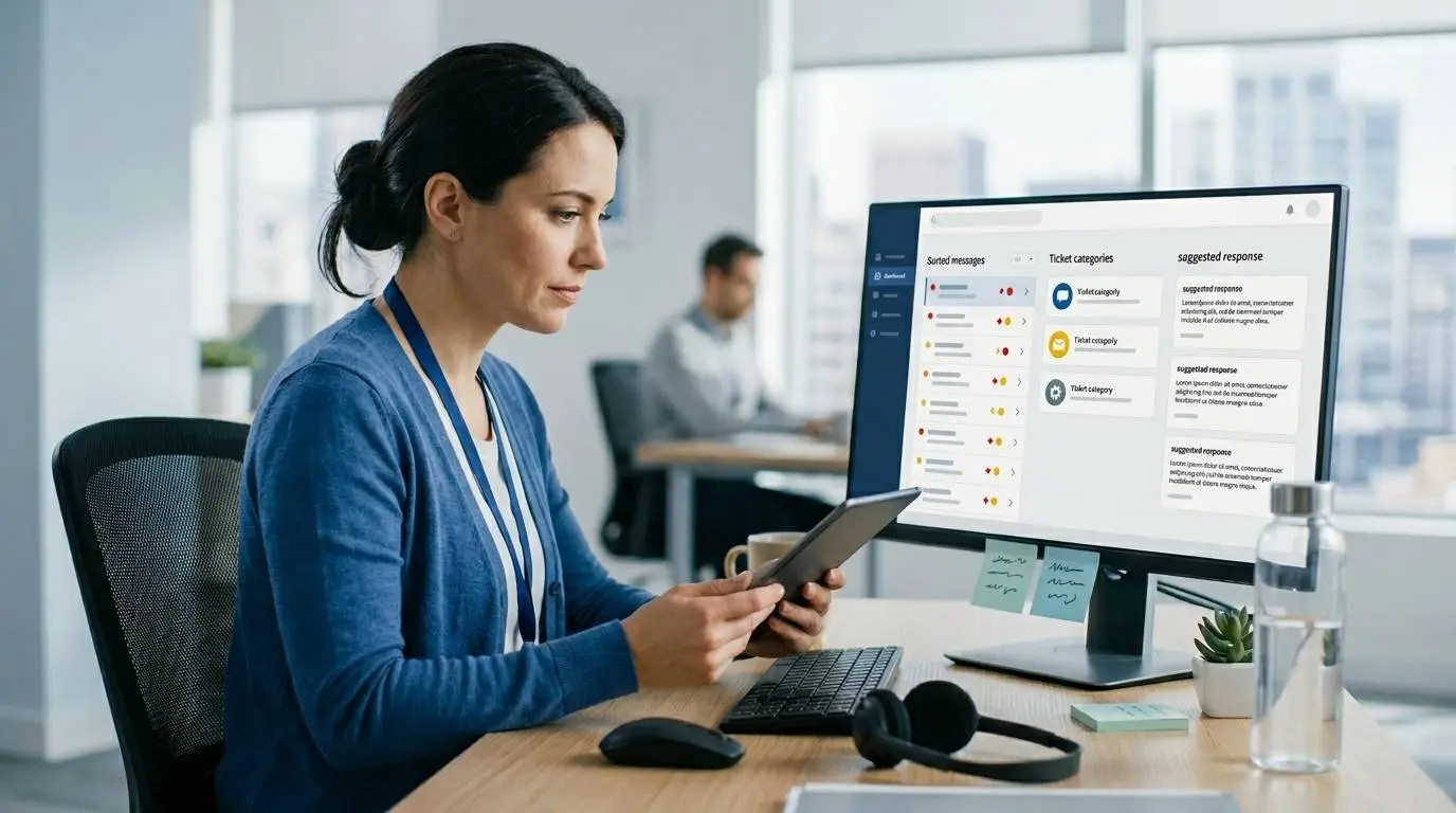 A customer support specialist reviewing AI-sorted customer messages on a tablet in a small office.