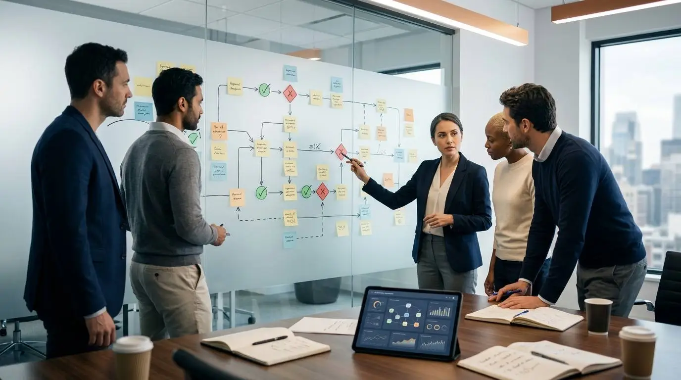 A small business team reviewing AI automation risks with sticky notes and a printed workflow map in a meeting room.