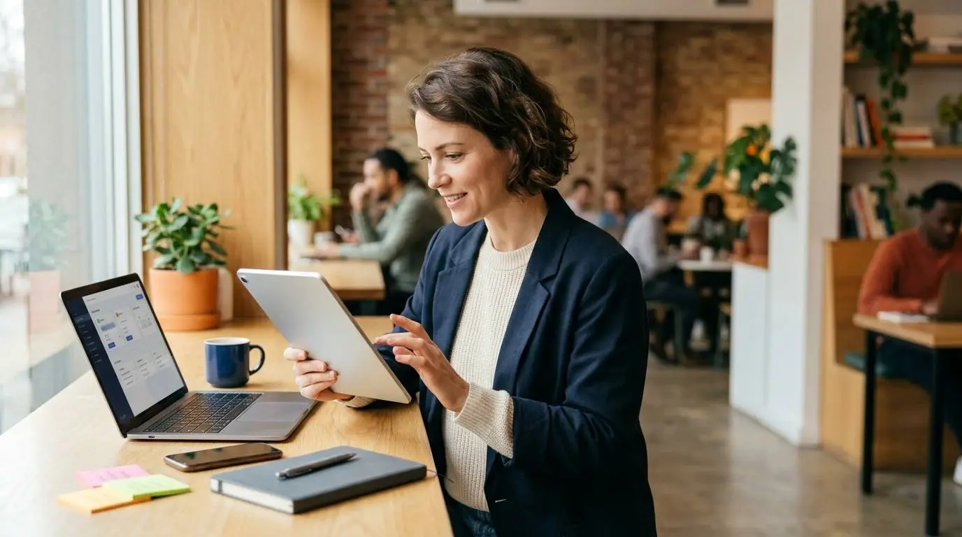 A small business owner reviewing AI agent workflows on a tablet in a modern café-style workspace.