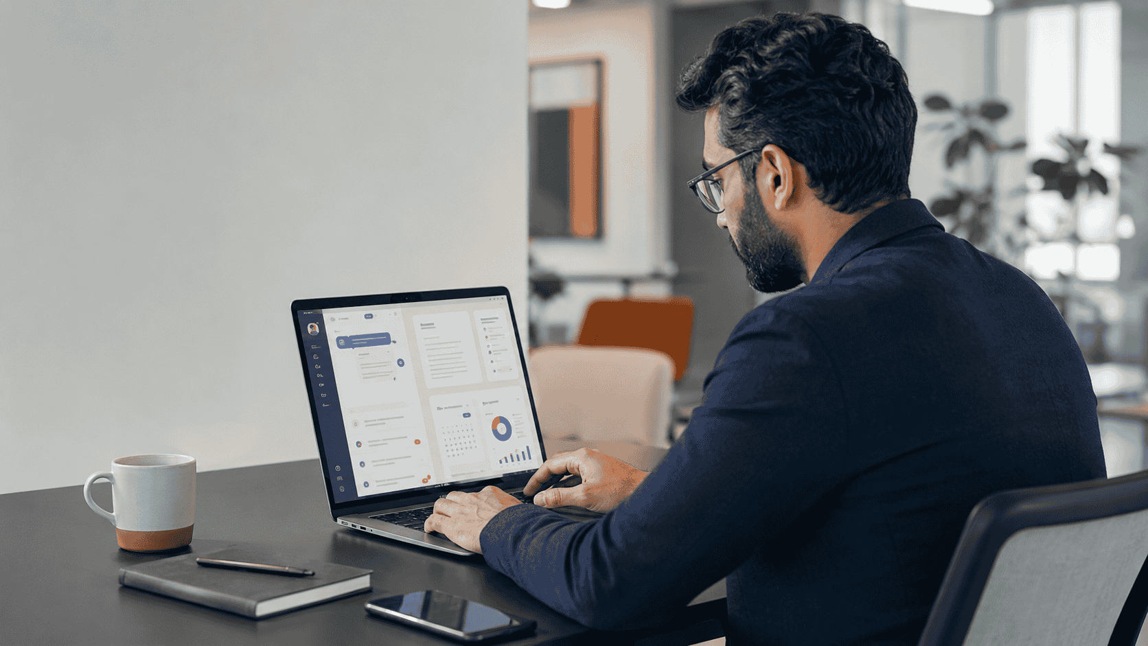 A professional office worker using an AI assistant on a laptop with secure document and productivity icons.
