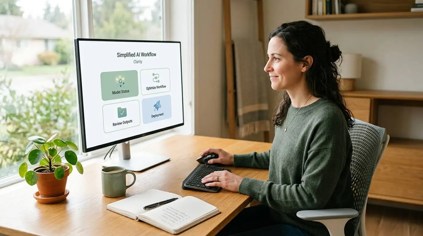 A person at a desk trying to organize scattered AI notes, tool dashboards and unfinished workflows.