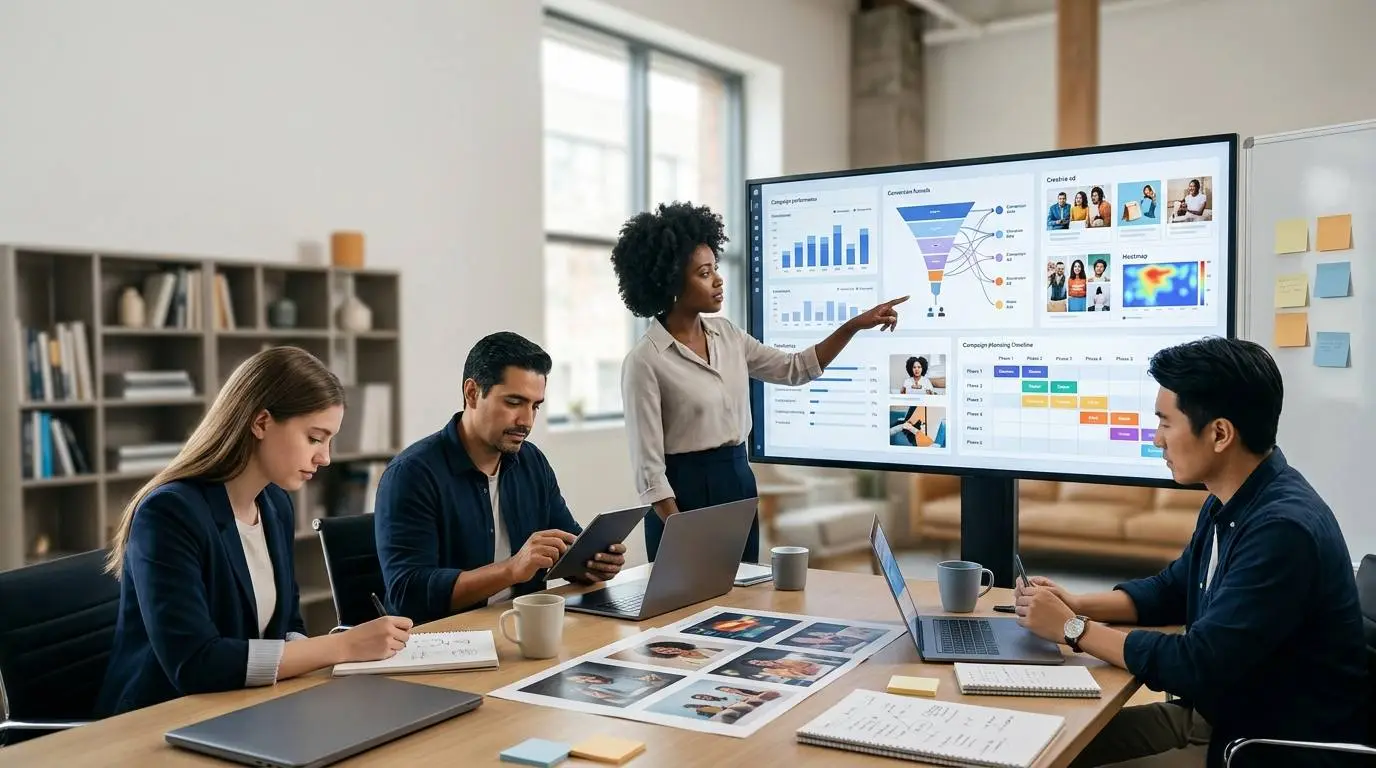 A marketing team using AI tools to plan Facebook ad creatives, analyze campaign data and improve paid social performance.