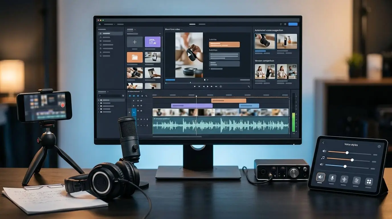 A video editor creating AI voiceover narration for a Facebook product demo ad.