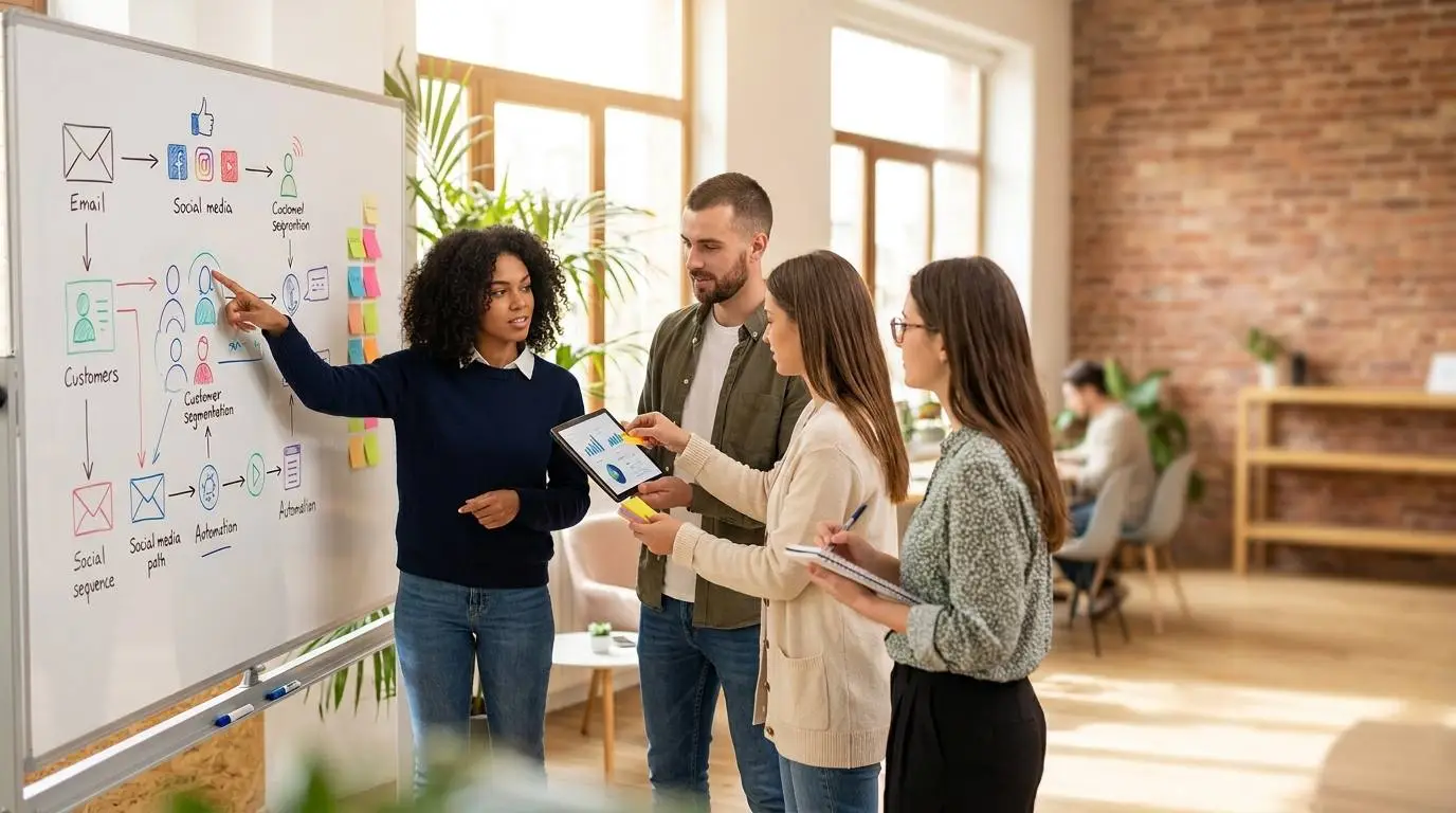 A small business team planning an AI marketing workflow with email, social media, analytics and customer data tools.
