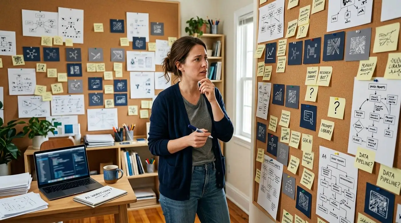 A person overwhelmed by too many AI dashboards, browser tabs and information streams on multiple screens.