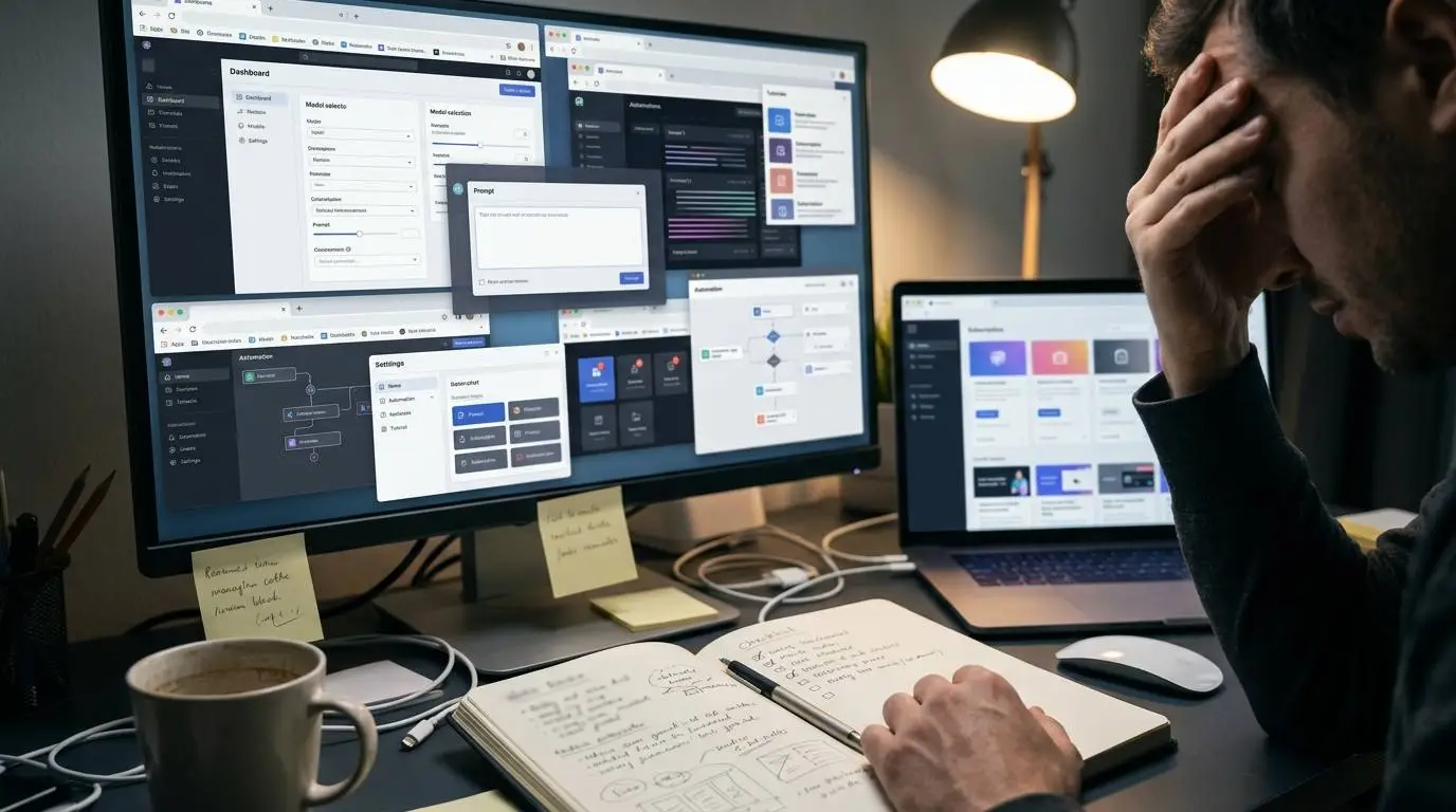 A person overwhelmed by too many AI tool dashboards, browser tabs and unfinished task cards across multiple screens.