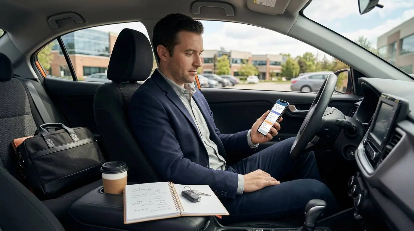 A traveling sales professional reviewing AI-generated CRM follow-up tasks on a smartphone from a parked car.