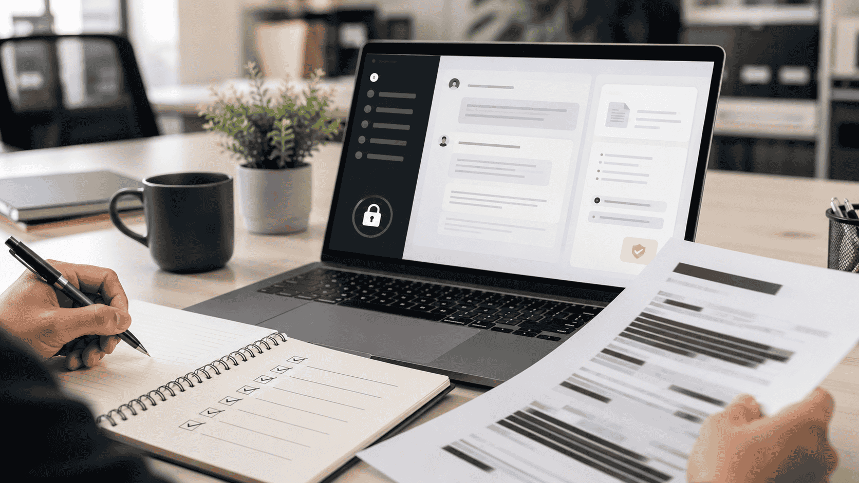 An AI workflow checklist showing email, research, calendar and document tasks with a human review checkpoint.