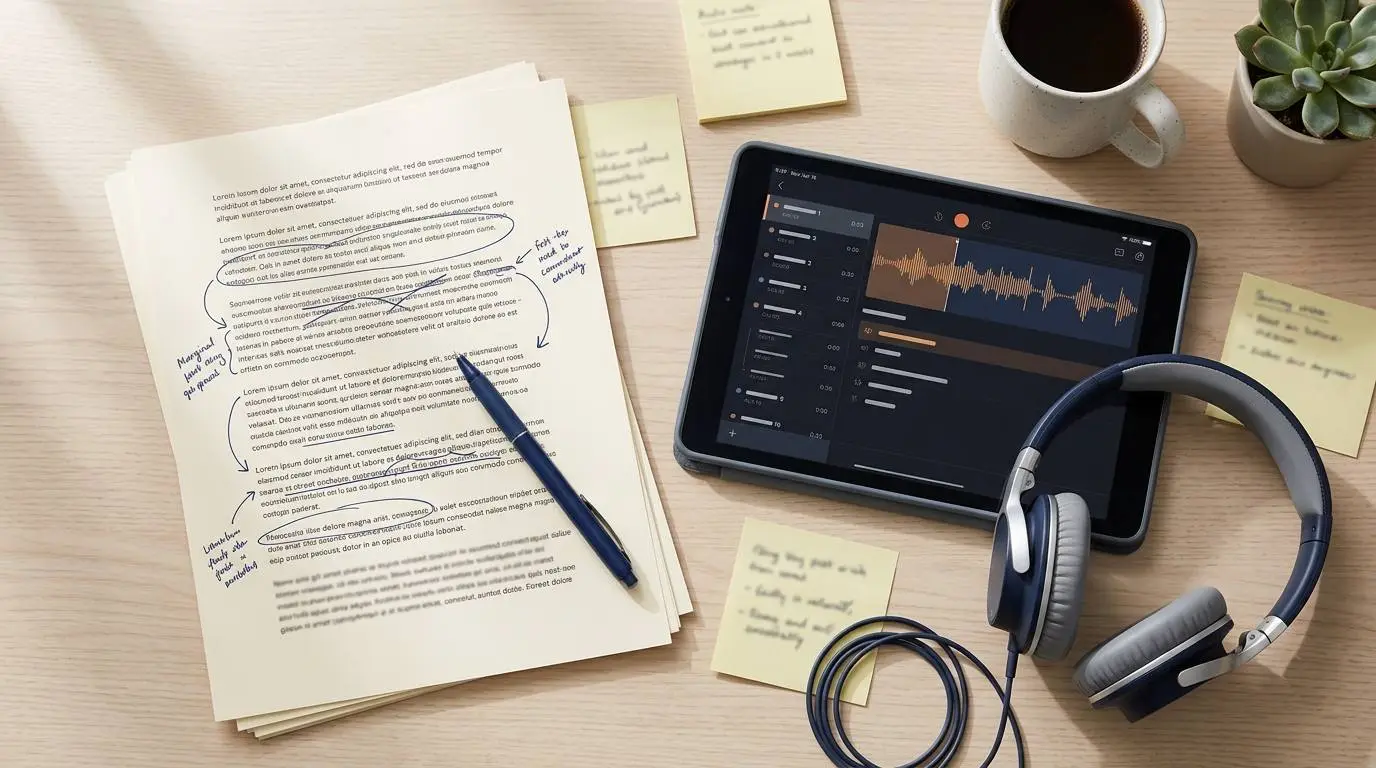 A creator editing a blog post into a shorter audio script with notes, headphones and a tablet.