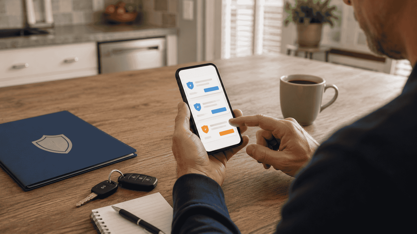 A car owner comparing auto insurance quotes on a smartphone while holding car keys.