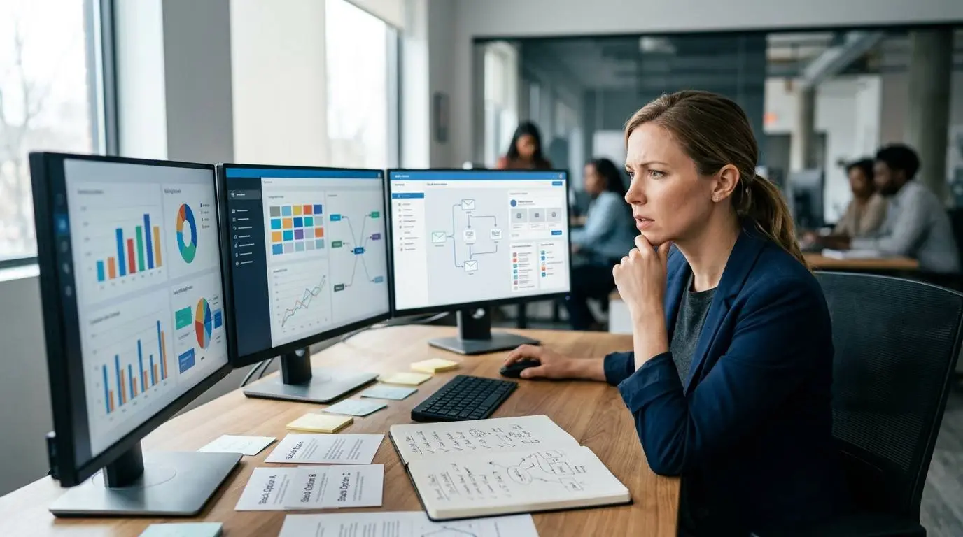 A marketer reviewing a crowded dashboard of marketing tools before deciding which software to buy.