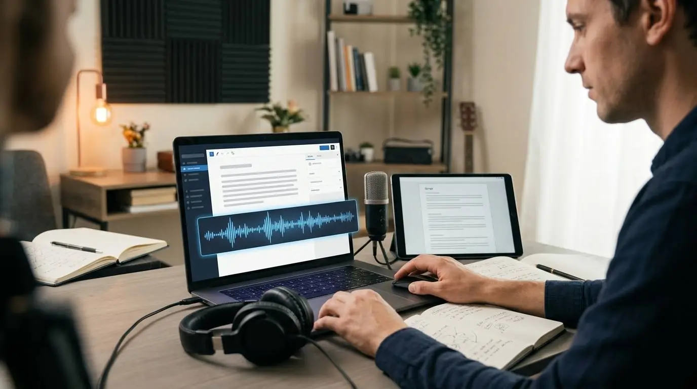 A creator turning a written blog post into audio content in a small recording-style workspace.