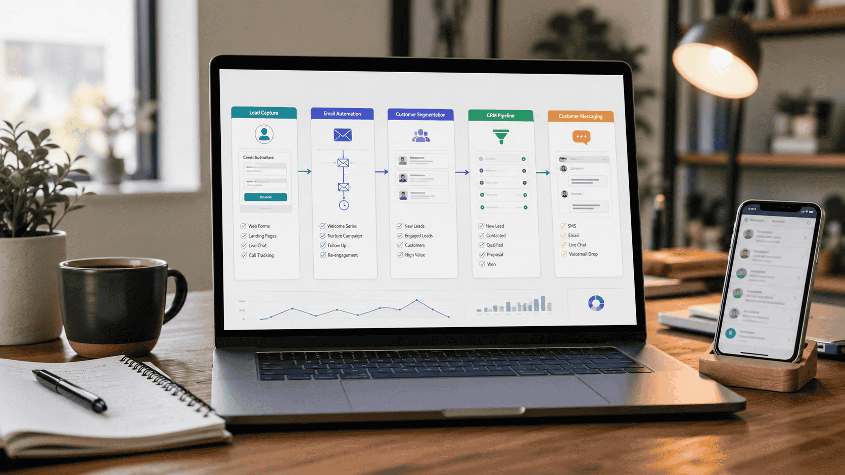 A visual Brevo-style automation workflow connecting lead capture, welcome emails and customer follow-up steps.