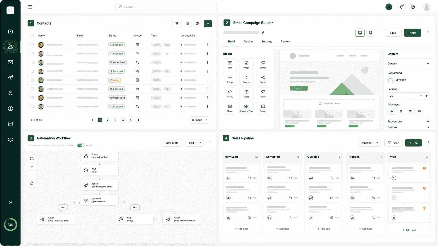 Brevo-style email marketing and CRM dashboard mockup for small business follow-up