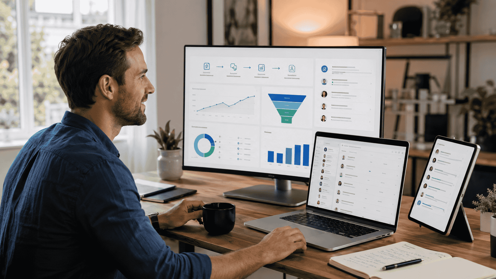 A small business dashboard showing improved follow-up results from email automation, CRM activity and customer journeys.