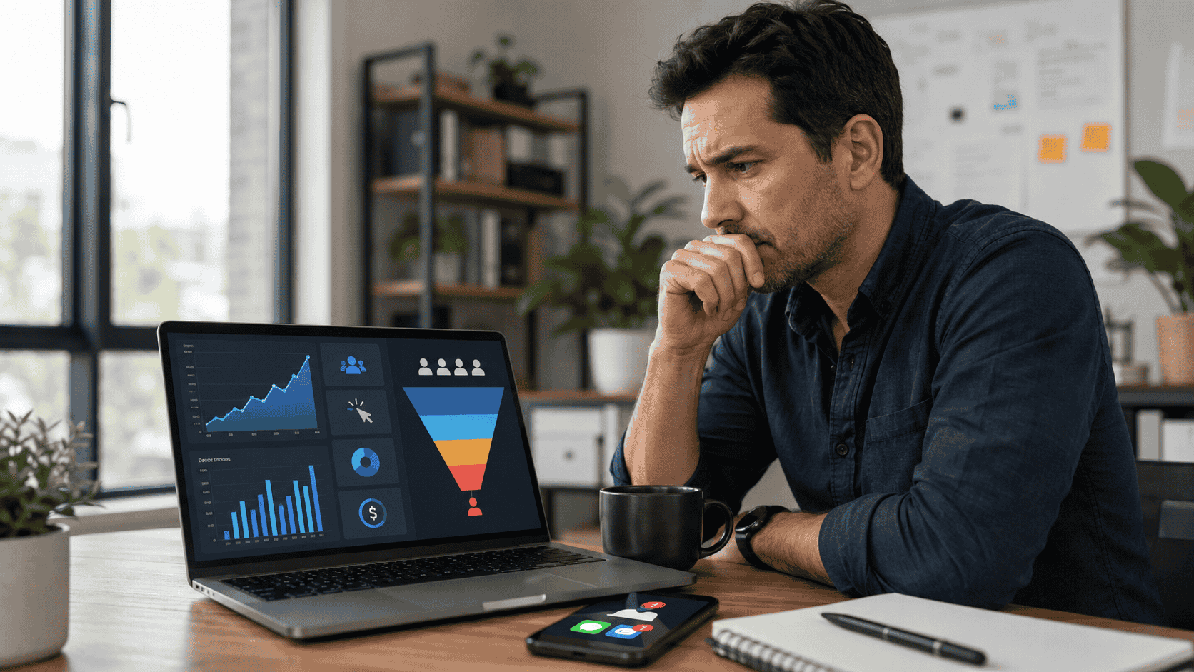 A small business owner reviewing lost leads after paid traffic clicks disappear without follow-up.
