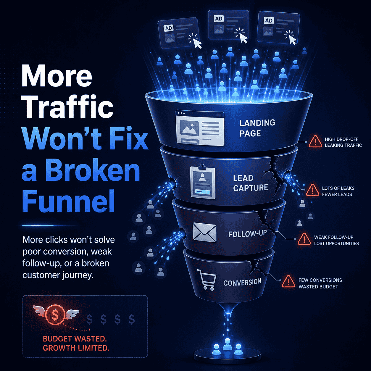 A business dashboard showing paid traffic flowing through a broken marketing funnel with revenue leaks at each stage.