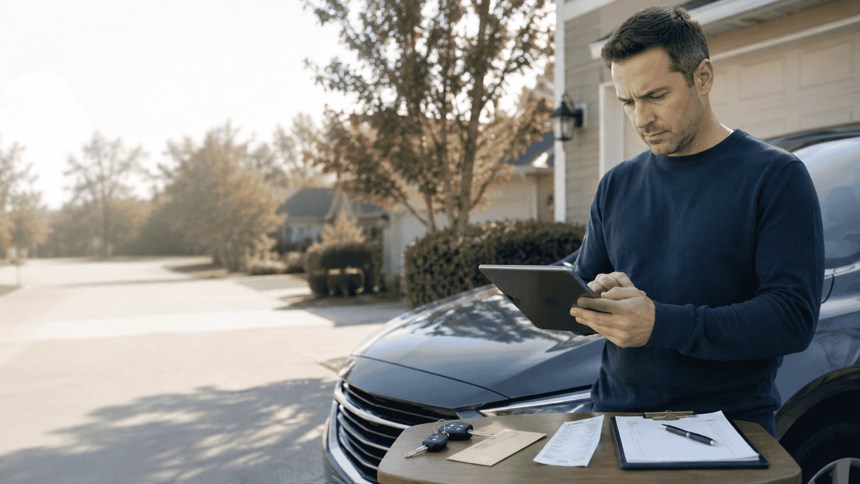 A car owner reviewing insurance, loan and maintenance costs beside a vehicle in a suburban driveway.