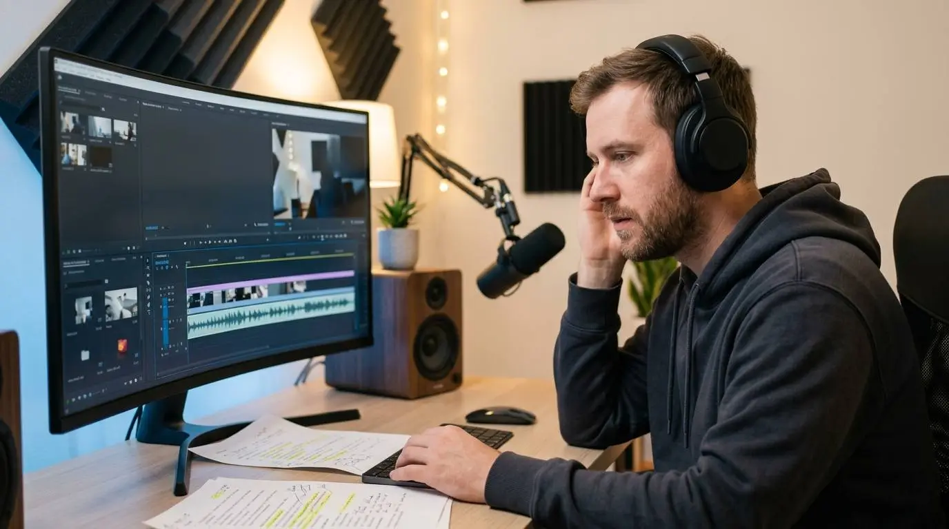 A video creator reviewing AI voiceover quality with headphones and an audio waveform on a monitor.
