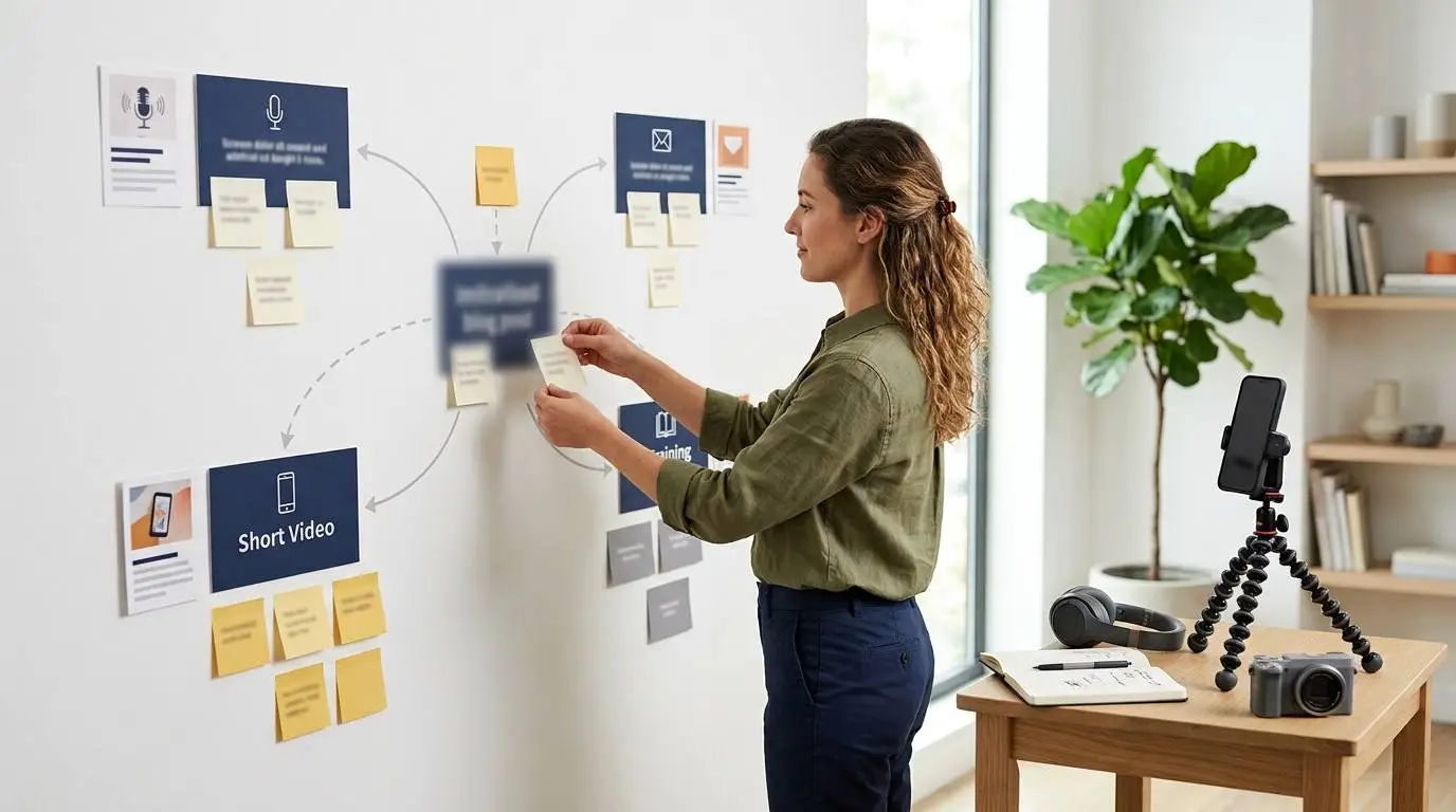 A creator planning how to repurpose one article into audio, video clips and newsletter content on a studio wall.