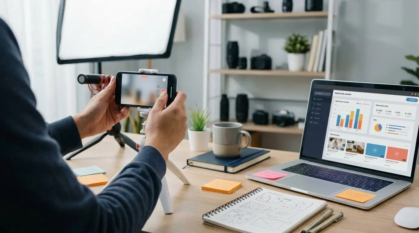 A content creator planning short-form marketing videos in a small home studio with a phone, lights and content calendar.