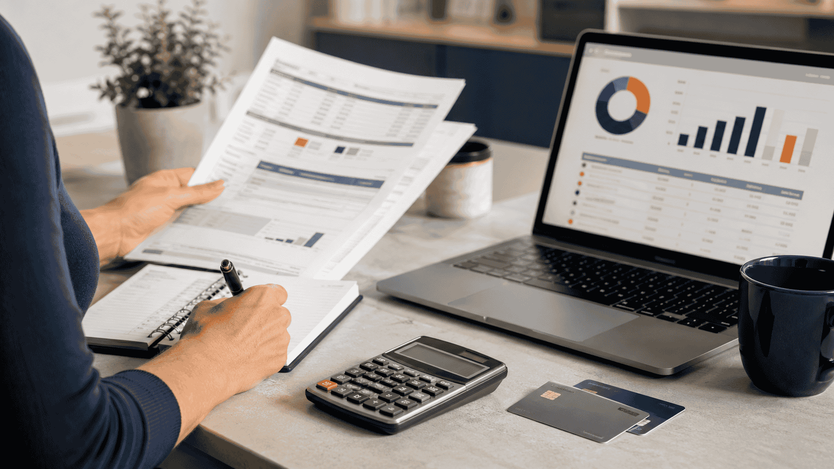 A person reviewing credit card statements and a household budget on a laptop.