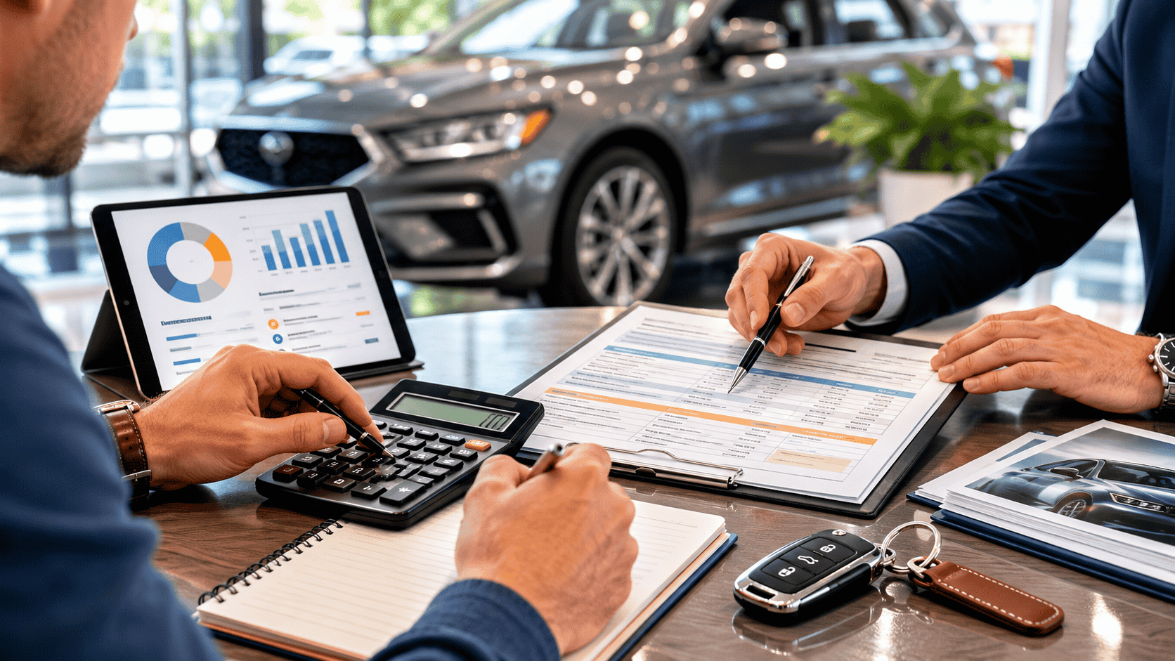 A car buyer reviewing financing documents and dealership fees before signing a vehicle purchase agreement.