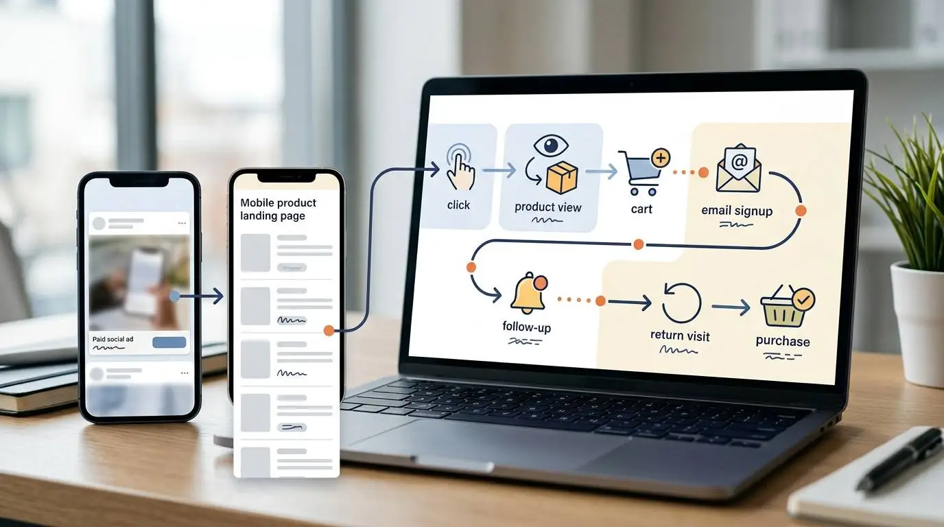 A post-click customer journey showing a Facebook Ads visitor moving from landing page visit to email signup, product research and return purchase.