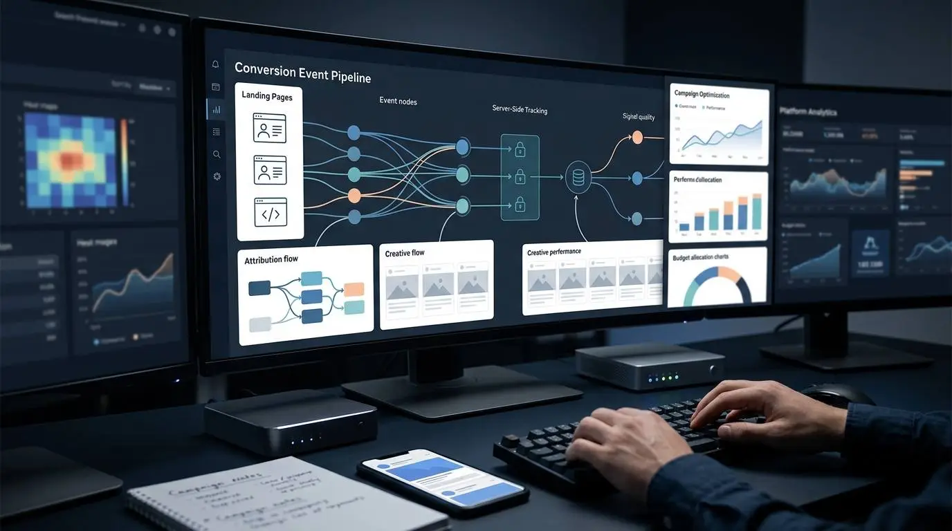 A performance marketer reviewing AI-assisted Facebook Ads analytics, conversion events and creative performance on a dashboard.