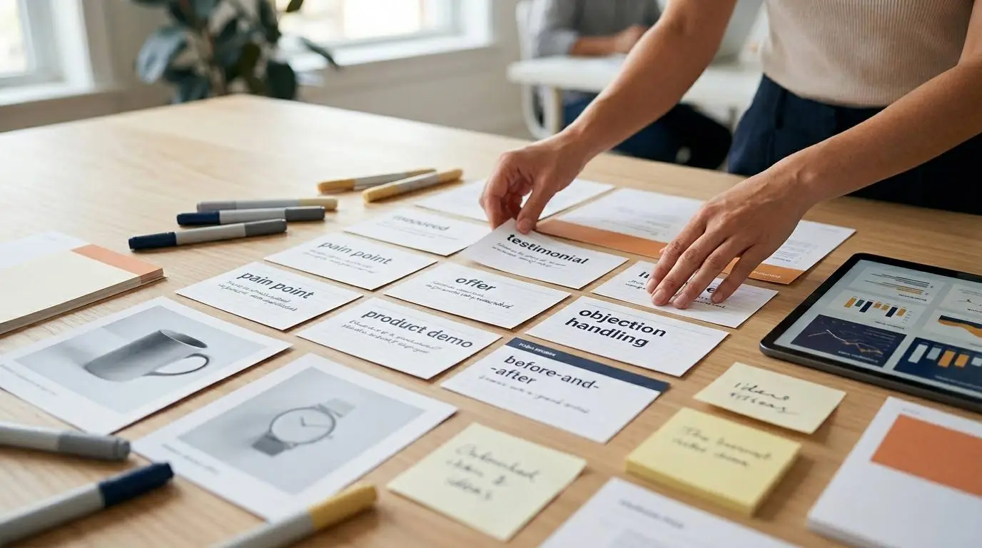 A creative strategist organizing Facebook ad angles across pain points, offers, testimonials and product demos.