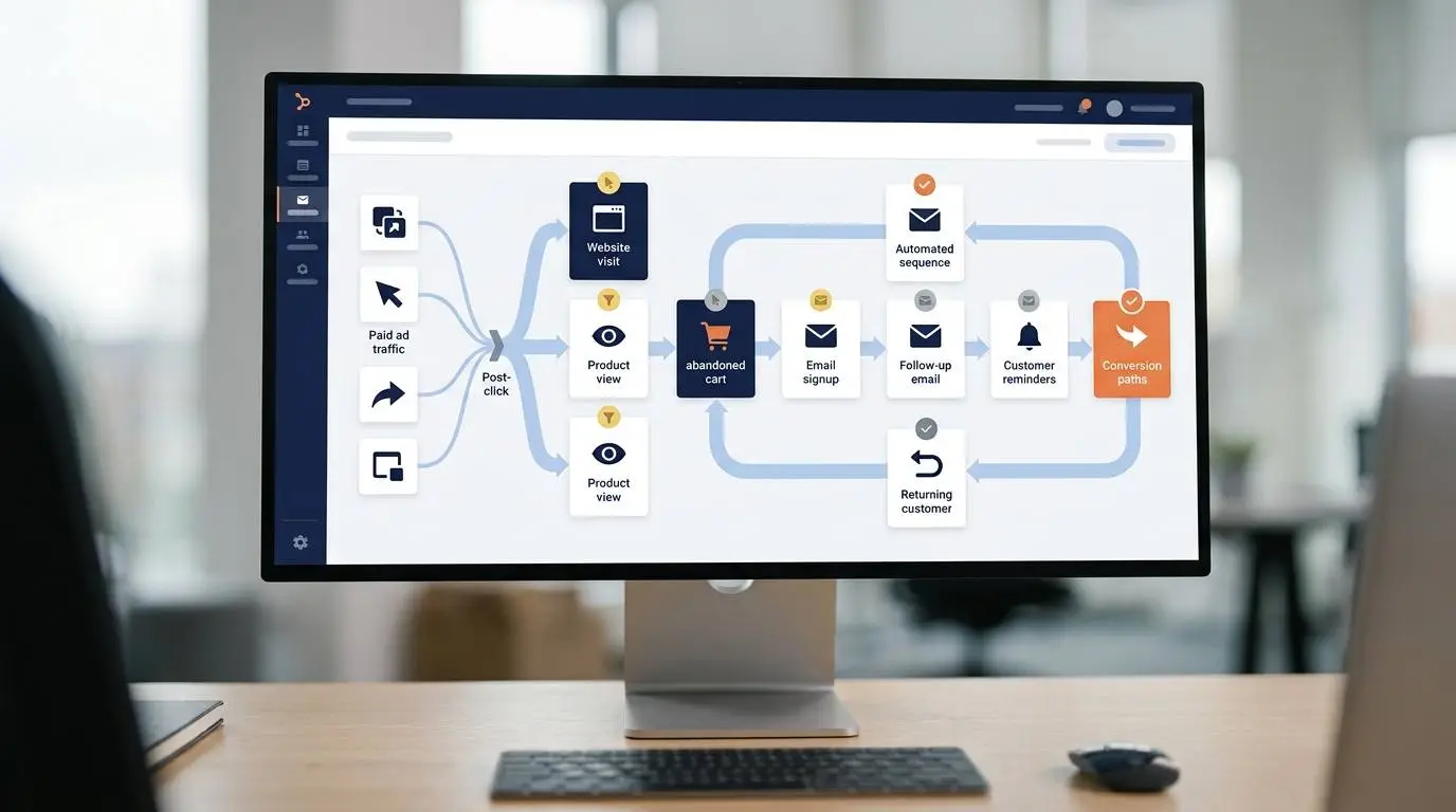 A marketing funnel showing paid ad traffic turning into follow-up emails, customer reminders and sales automation.