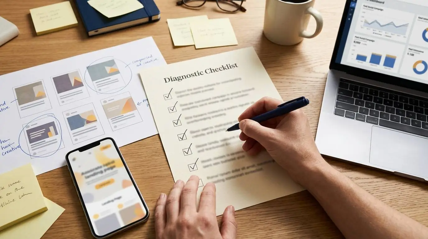 A Facebook Ads diagnostic checklist comparing creative performance, account quality, pixel signals and landing page experience.