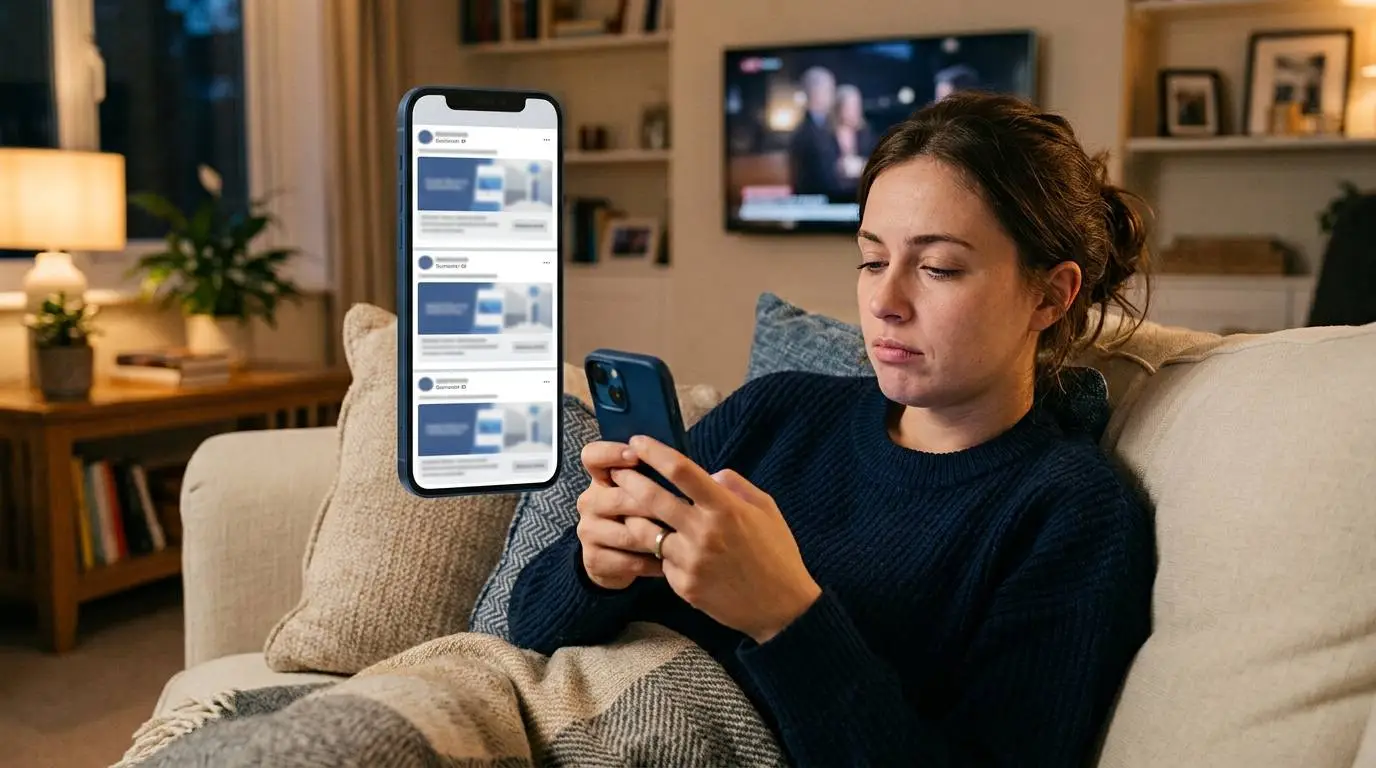 A social media user repeatedly seeing the same remarketing ads and starting to feel ad fatigue.