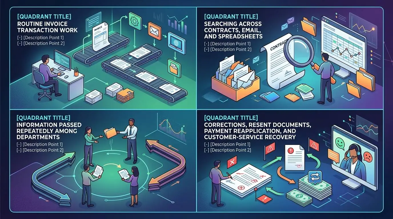 Four categories of accounts receivable work: transaction, reconstruction, coordination, and recovery.