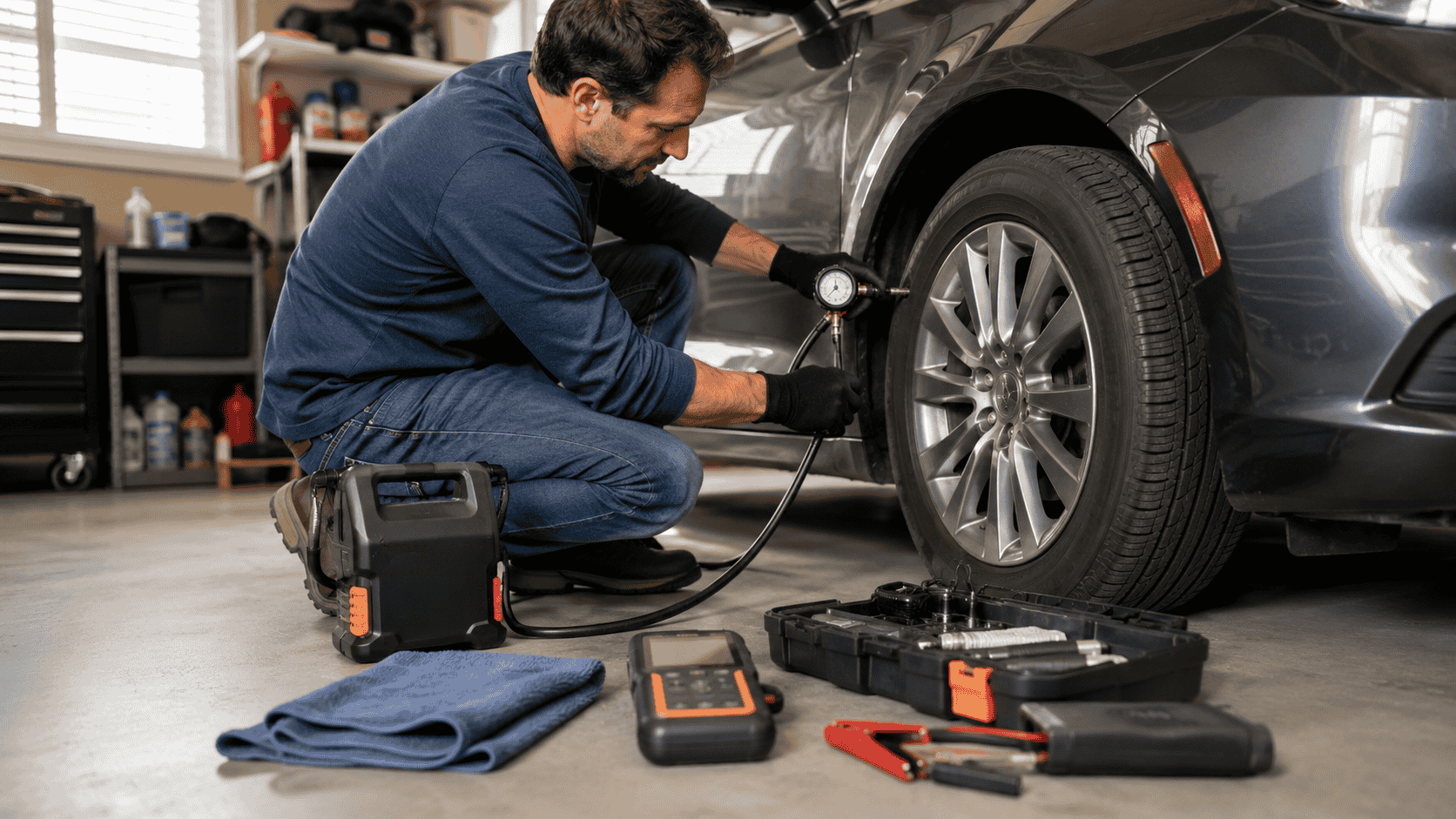A car owner checking tire pressure and using basic maintenance tools in a home garage.