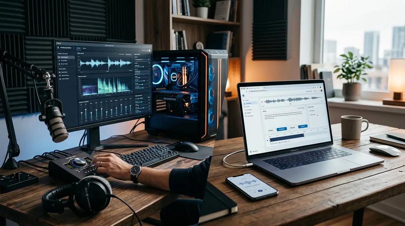 A creator comparing local AI voice software on a desktop computer with a cloud-based voiceover platform on a laptop.