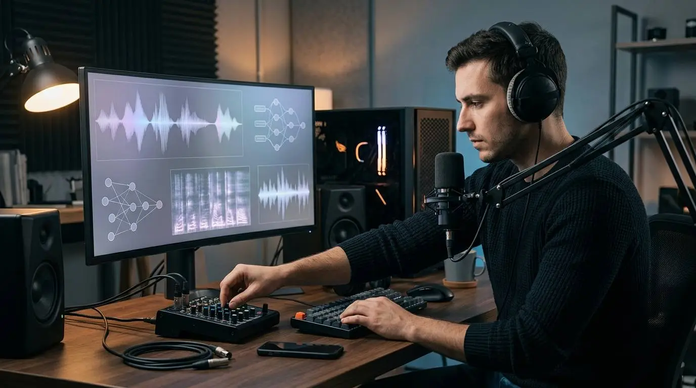 A technical creator running local AI voice software on a powerful desktop workstation with audio editing equipment.