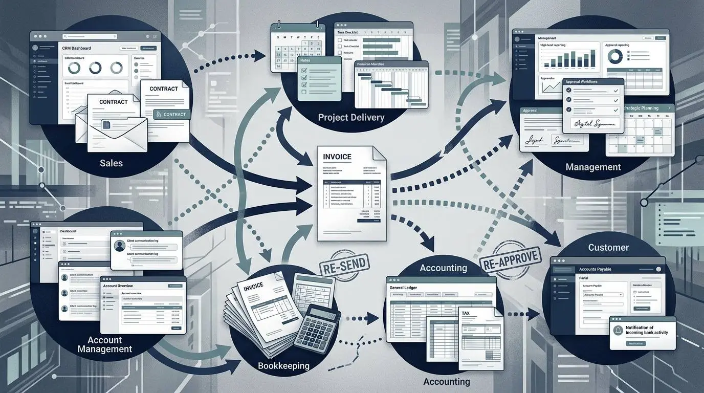 One invoice moving through fragmented sales, project, finance, and customer handoffs.