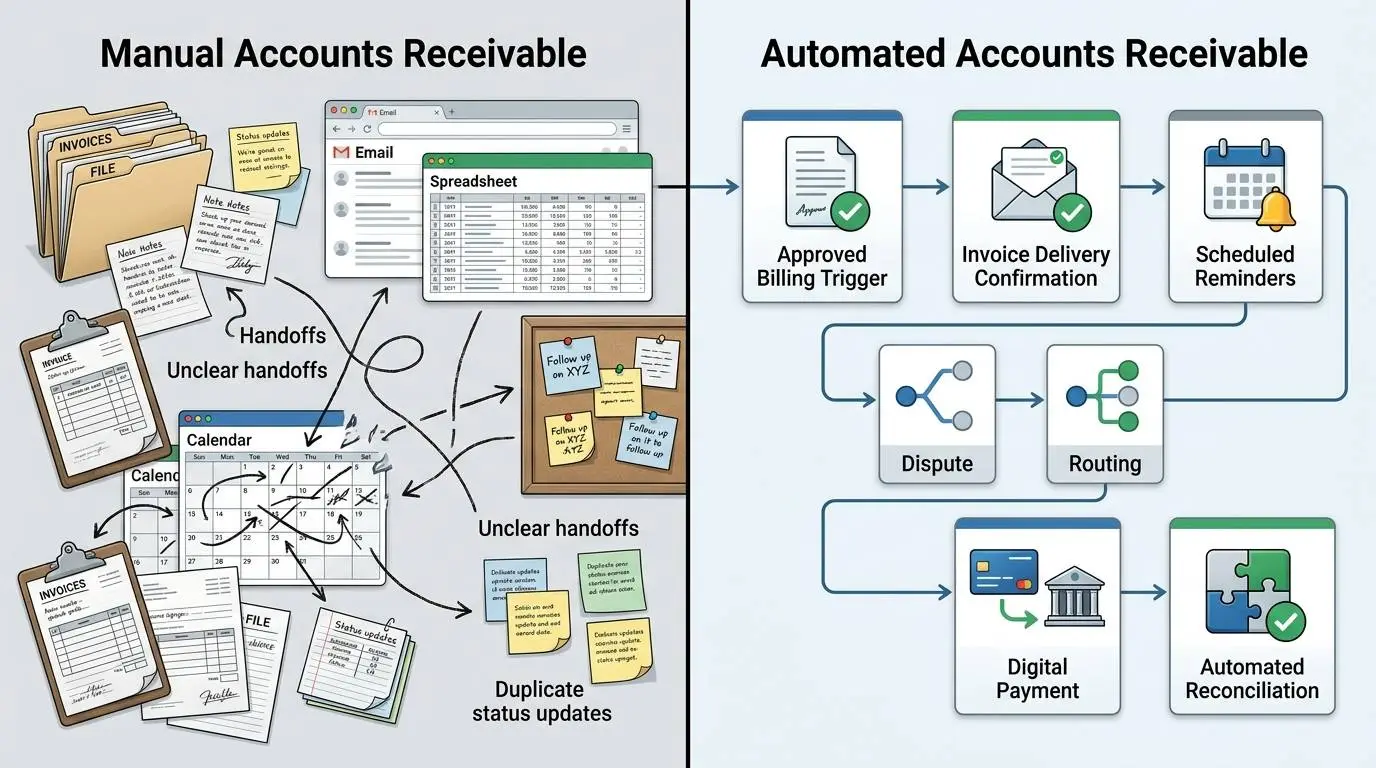 Comparison of fragmented manual accounts receivable work and a connected automated AR workflow.
