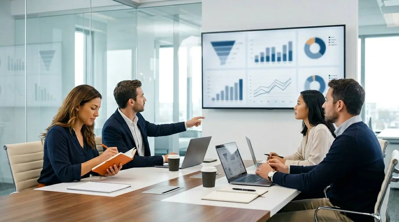 A small marketing team reviewing campaign analytics on a large screen in a meeting room.