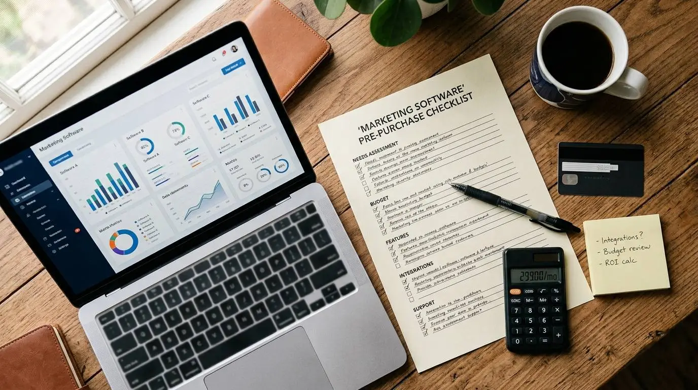 A marketer reviewing a checklist before approving a new marketing software subscription.