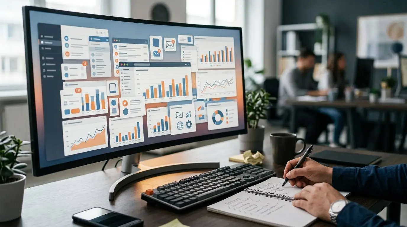 A marketer looking at a crowded dashboard of disconnected marketing tools and software subscriptions.