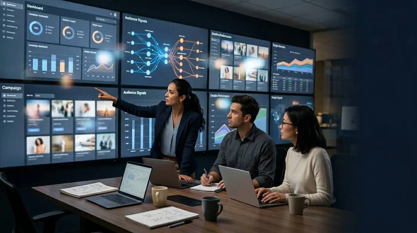 A performance marketing team reviewing AI-powered ad delivery signals and campaign results in a modern control room.