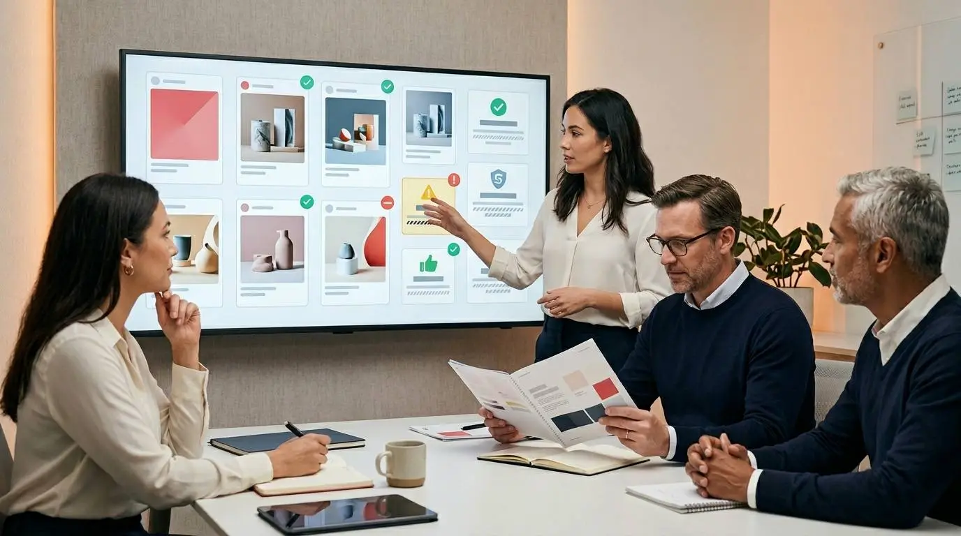 A brand marketing team reviewing AI-generated ad variations for quality and brand safety before publishing.