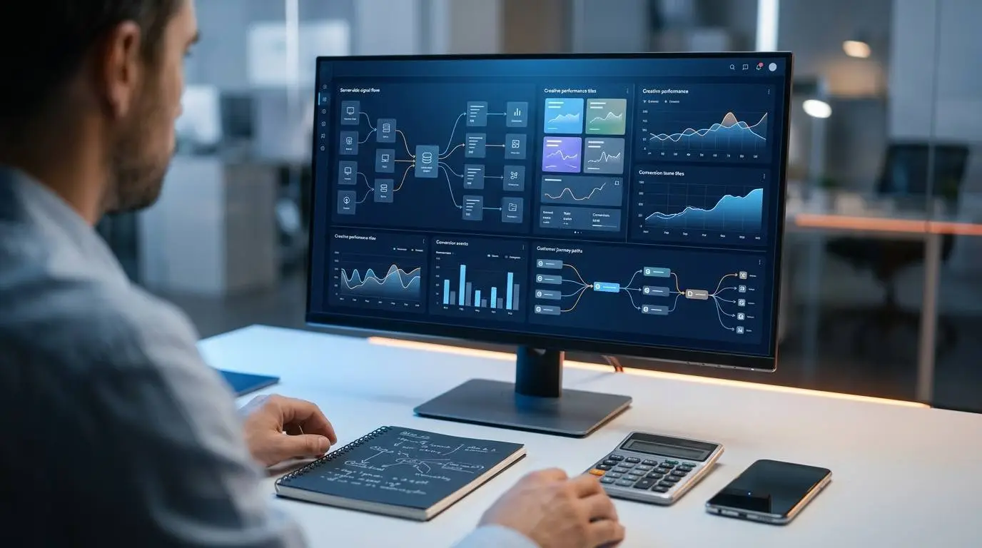 A media buyer reviewing conversion signals, creative performance and landing page metrics on a dashboard.