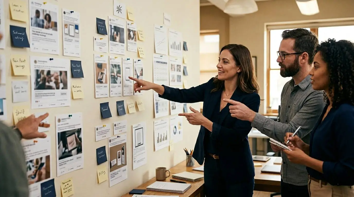 A marketing team reviewing different Facebook ad creative angles on a wall of printed mockups and campaign notes.